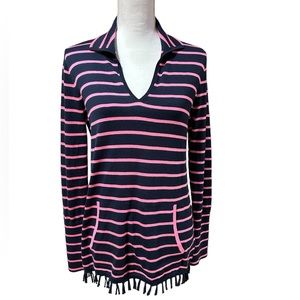 Lilly Pulitzer Crestwood sweater, size small, navy & pink striped. Navy fringe